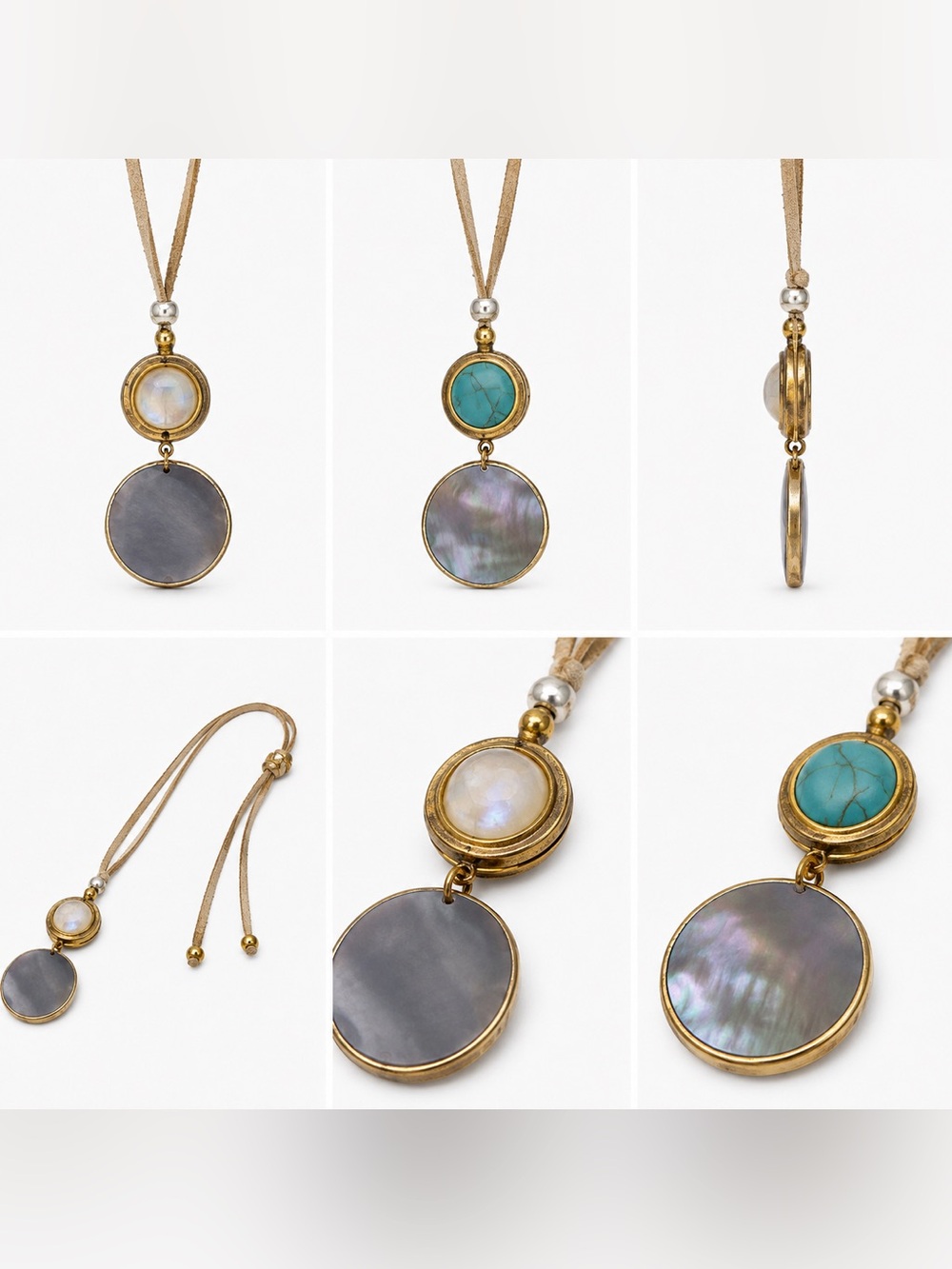Lucky Brand Gold-Tone Double Disc Necklace with Gray and Turquoise Accents